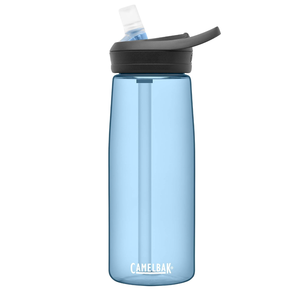 Reusable CamelBak water bottle with a flip-top straw lid. Suitable for hydration on-the-go, promoting eco-friendly practices