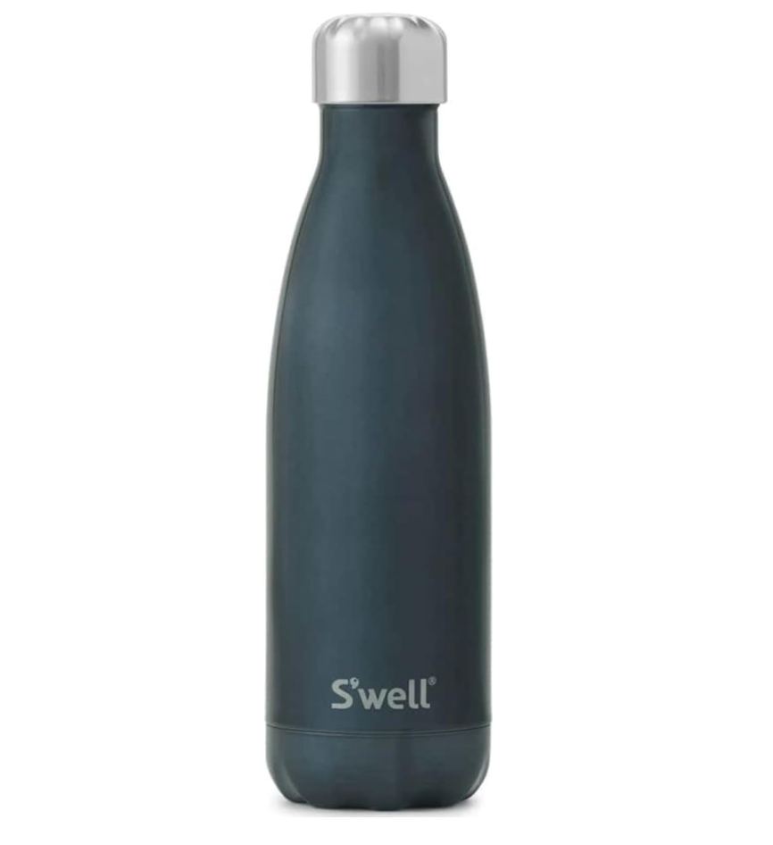 S'well insulated water bottle with a sleek, matte finish and stainless steel cap, ideal for keeping drinks hot or cold