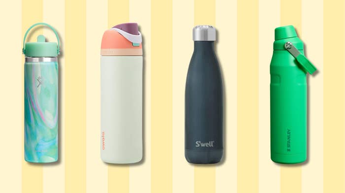 Reusable water bottles by Hydro Flask, Owala, S'well and Stanley.