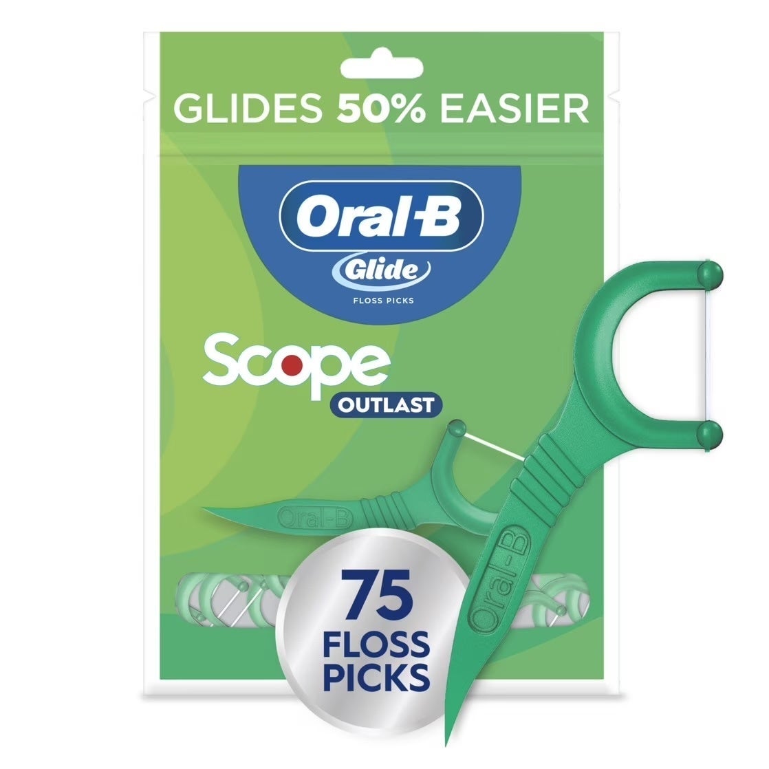 Oral-B Glide Scope Outlast floss picks package, 75 count, highlights floss glides 50% easier