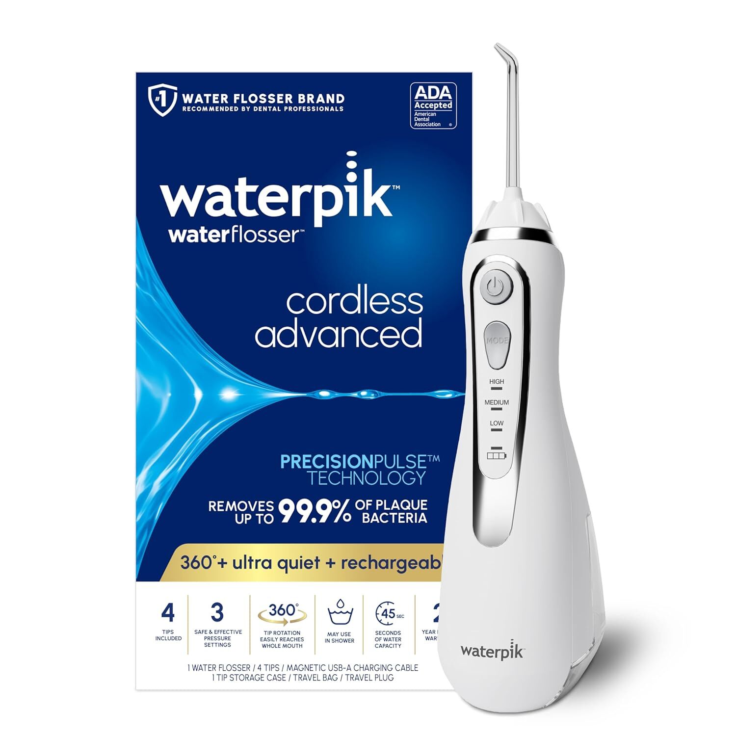 Waterpik Cordless Advanced Water Flosser promo showing instrumentality adjacent to its packaging, highlighting 99.9% plaque removal assertion and precocious technology