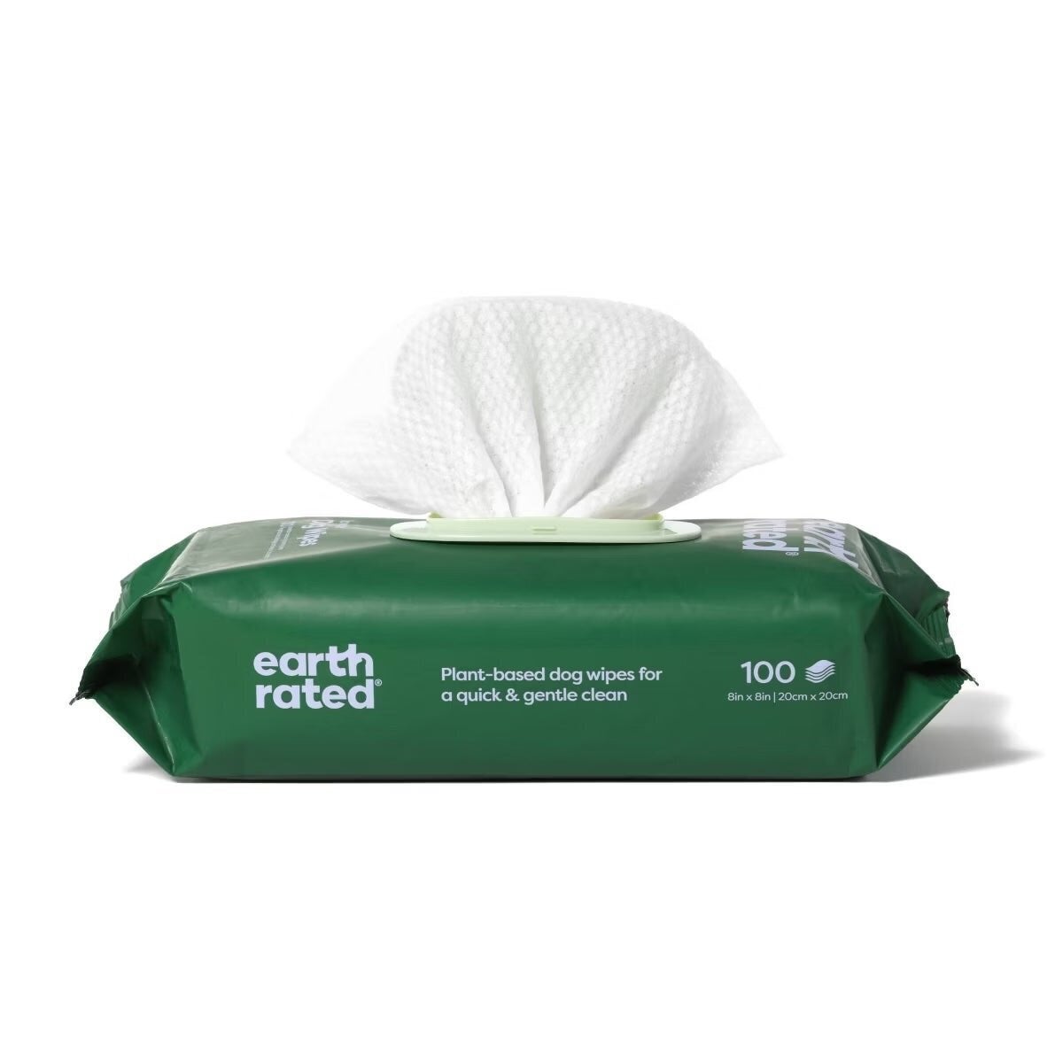 Package of Earth Rated plant-based canine wipes, labeled for speedy and gentle cleaning, contains 100 wipes