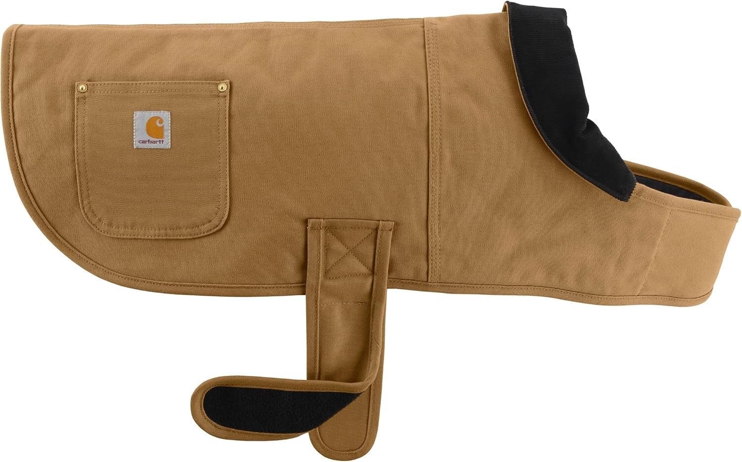 Dog overgarment with a broadside pocket, Velcro strap, and a logo patch