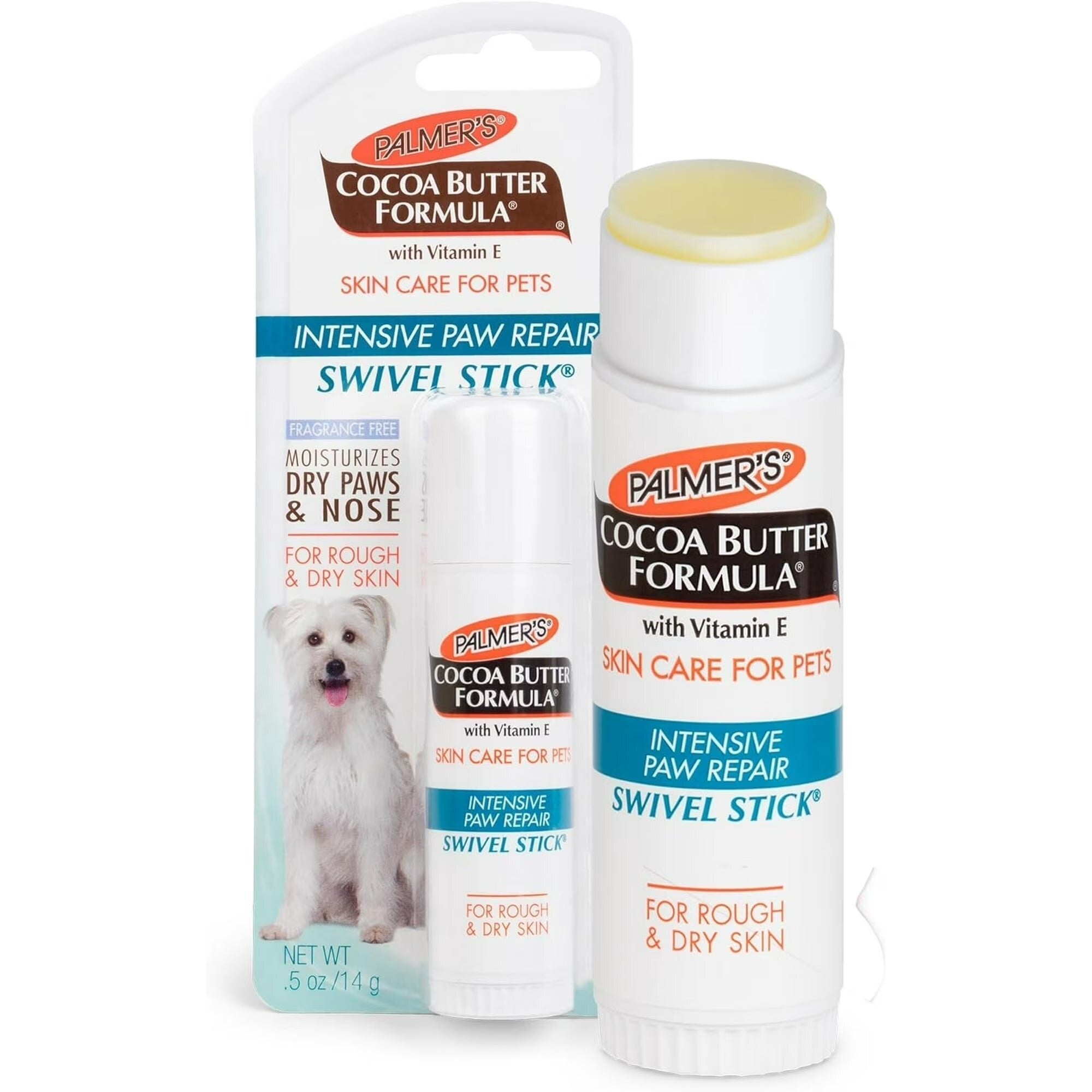 Palmer's Cocoa Butter Formula Swivel Stick for pets; moisturizes adust paws and nose; with vitamin E; fragrance-free; packaging shows a canine image