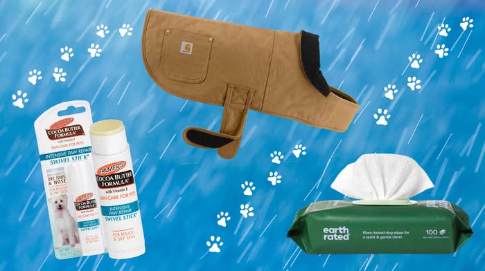 Dog attraction   products including a protective canine  coat, paw balm sticks, and favored  wipes are shown against a bluish  inheritance  with paw prints