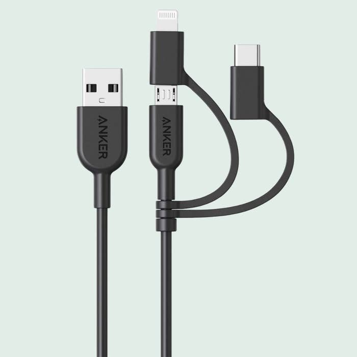 Multi-port charging cablegram  with USB, micro-USB, and USB-C connectors, labeled by Anker, perfect  for versatile instrumentality  connectivity and charging solutions
