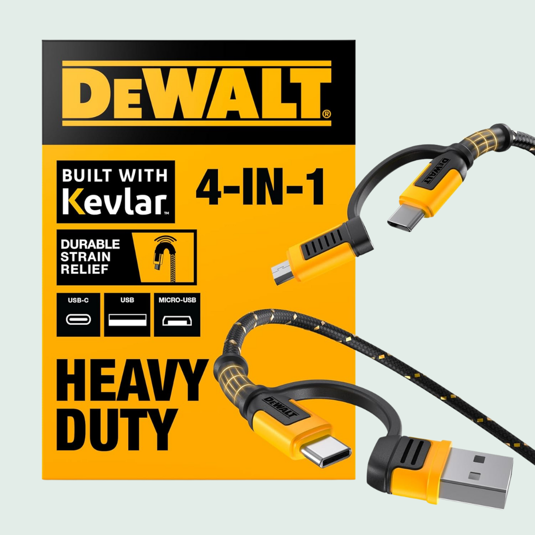 DeWalt 4-in-1 heavy-duty cablegram  with USB-C and micro-USB connectors, designed for durable strain relief. Features heavy-duty construction