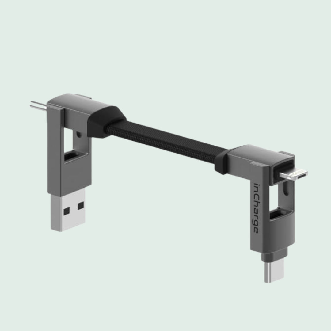 Compact multi-connector charging cablegram  with USB, micro-USB, and USB-C ends, branded "inCharge," perfect  for on-the-go charging solutions
