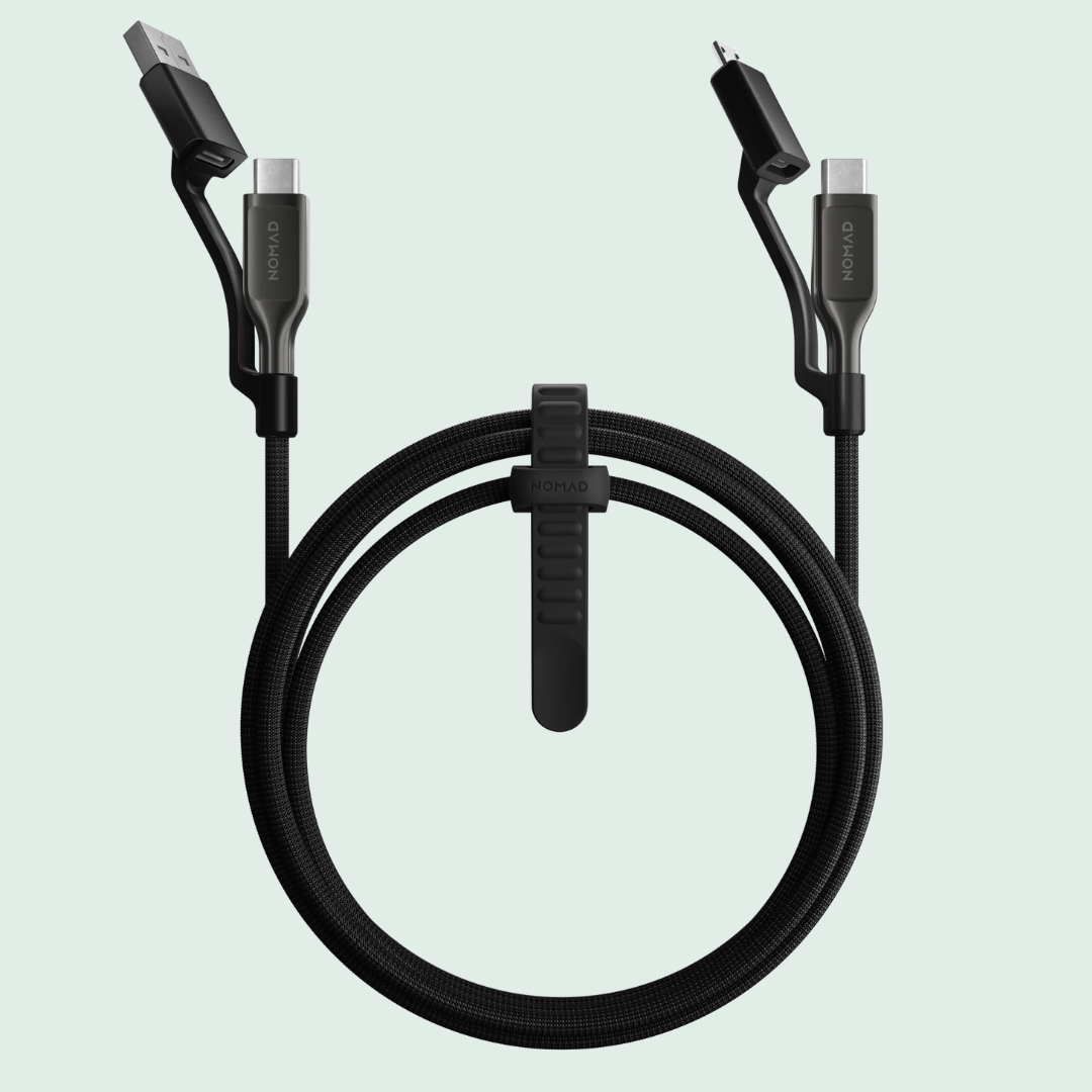 Multi-device USB charging cablegram  with USB-C, Lightning, and Micro-USB connectors, coiled and secured with a branded strap