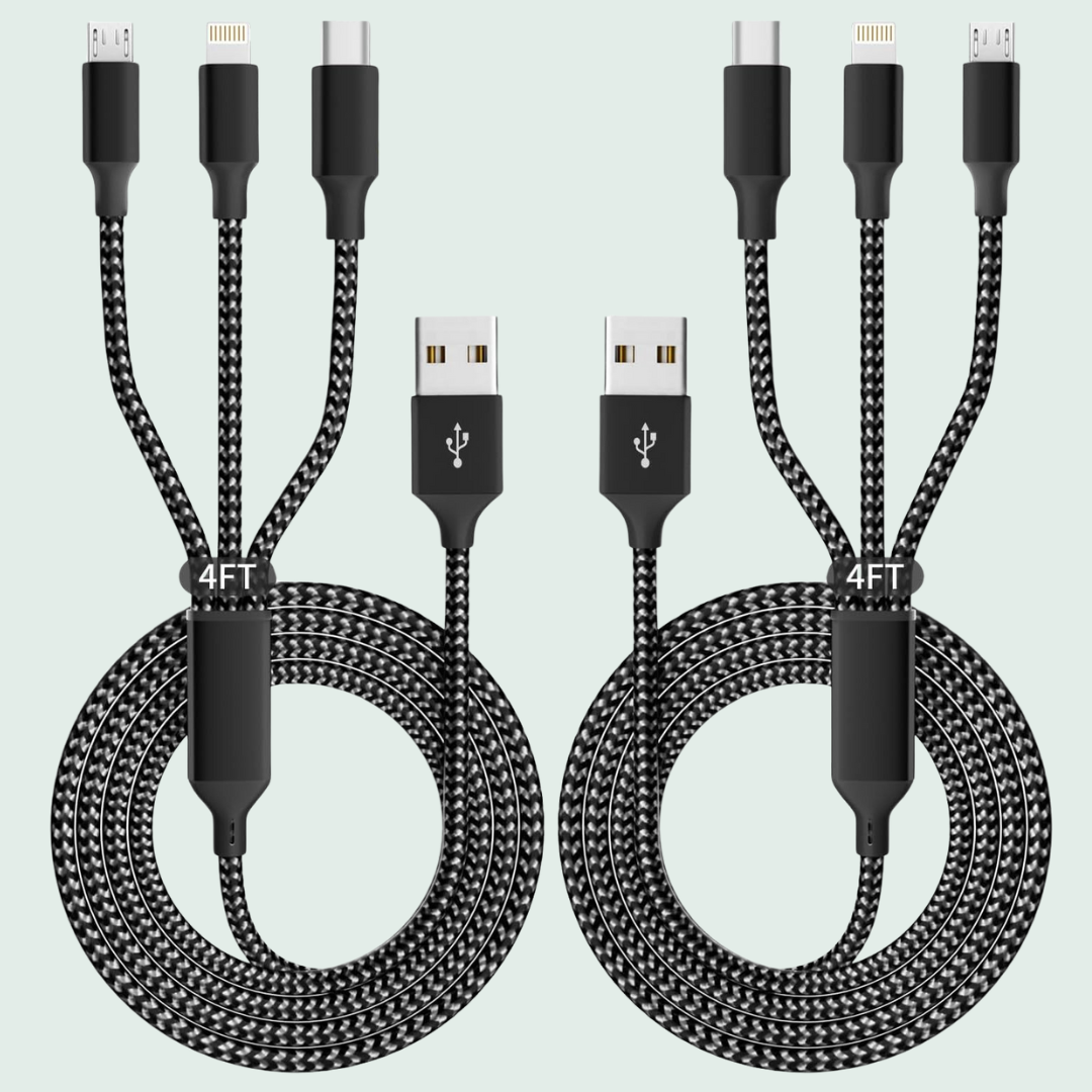 Two 4-foot braided USB cables with aggregate  connectors, including Lightning, USB-C, and Micro USB, perfect  for versatile physics  charging needs