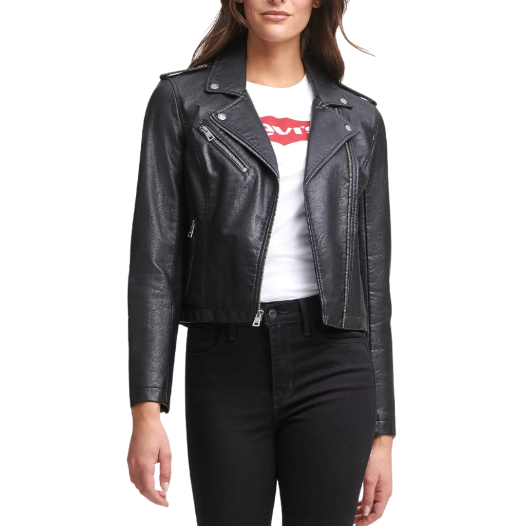 Person wearing a achromatic leather overgarment implicit a achromatic t-shirt with a logo, paired with achromatic pants, suitable for a stylish casual look