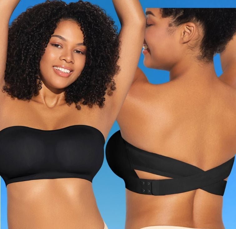 Woman modeling a seamless achromatic  strapless bra from beforehand   and back, showing its supportive design. She has curly hairsbreadth  and smiles confidently