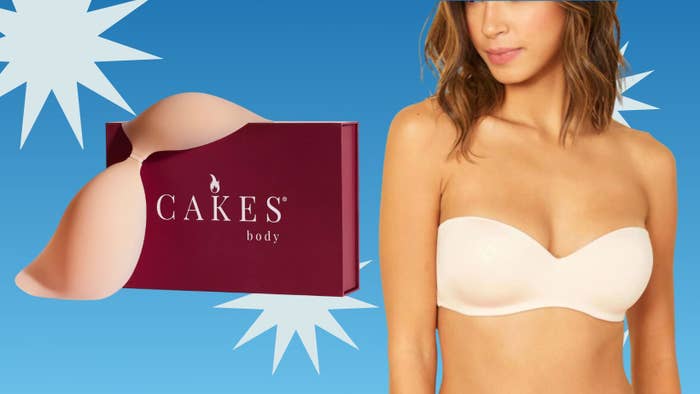 Model wearing a strapless bra adjacent  to a container  labeled "Cakes Body," acceptable   against a bluish  inheritance  with starburst designs