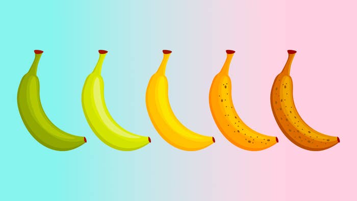 Five bananas showing ripeness stages from green to brown
