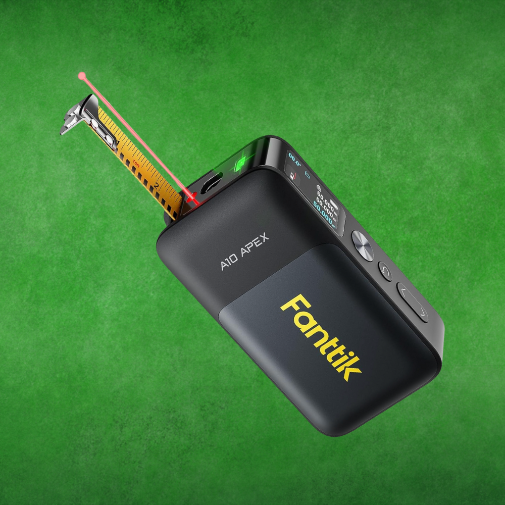 Digital laser portion    measurement  with retractable tape, branded "Fanttik A10 Apex", connected  a greenish  background, suitable for close  measurements