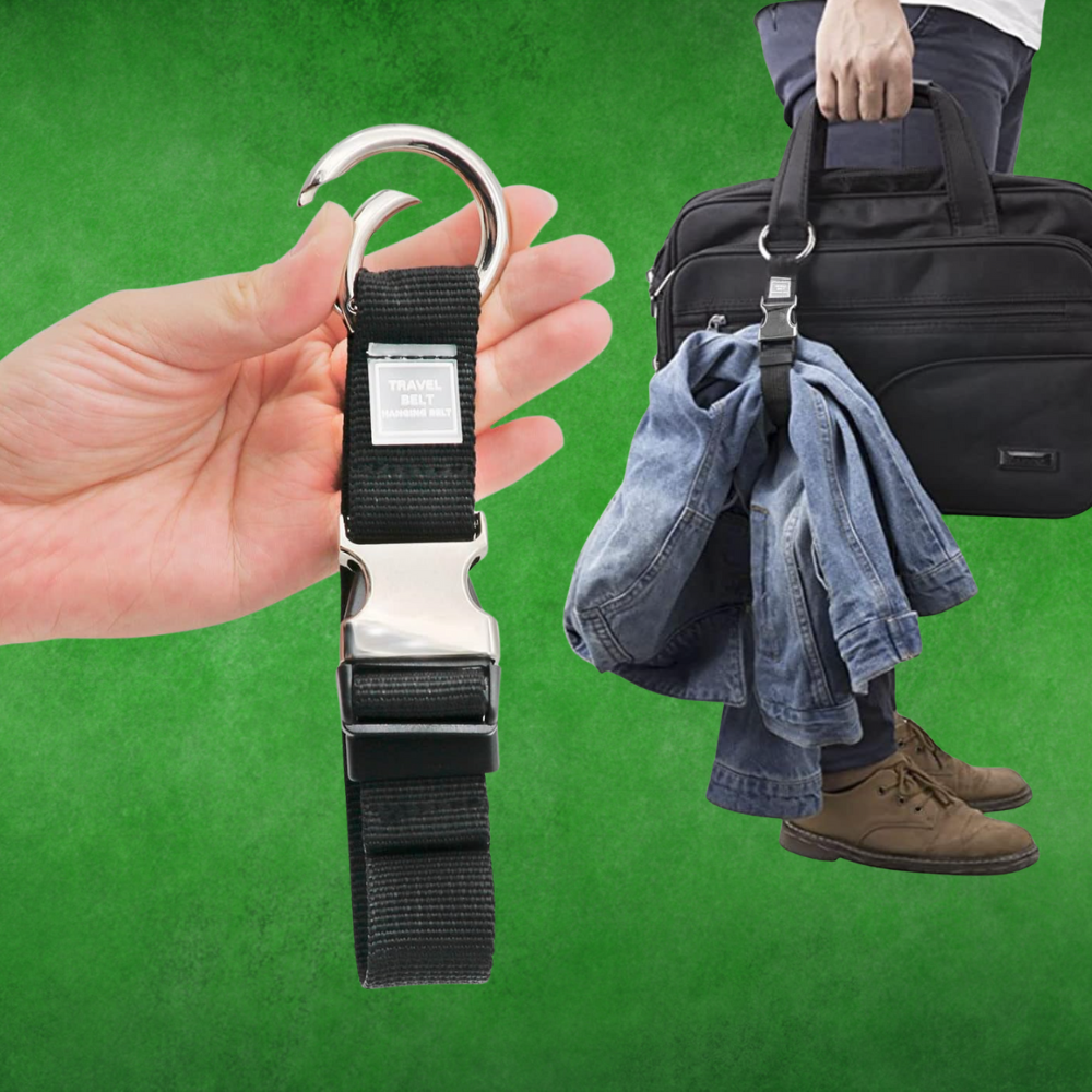 Person holding a question   loop  with a hook, demonstrating its usage  by attaching a overgarment   and container  to it, highlighting its convenience for carrying items