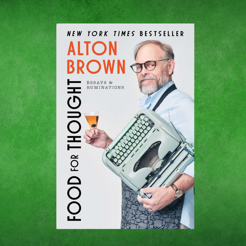 Book screen  of "Food for Thought" by Alton Brown featuring him holding a typewriter and beverage. Includes bestseller mention