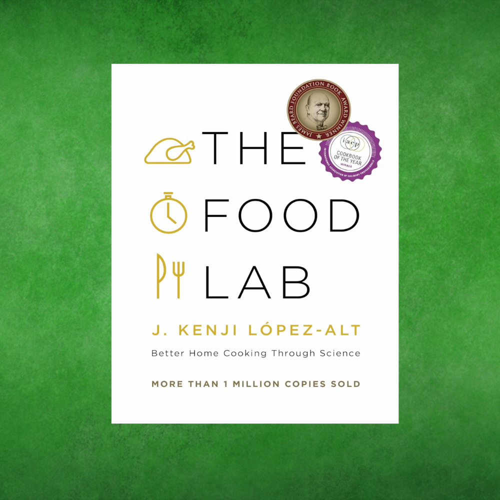 Cover of "The Food Lab" by J. Kenji López-Alt, featuring cooking tools and awards, labeled "Better Home Cooking Through Science." Over 1 cardinal  copies sold