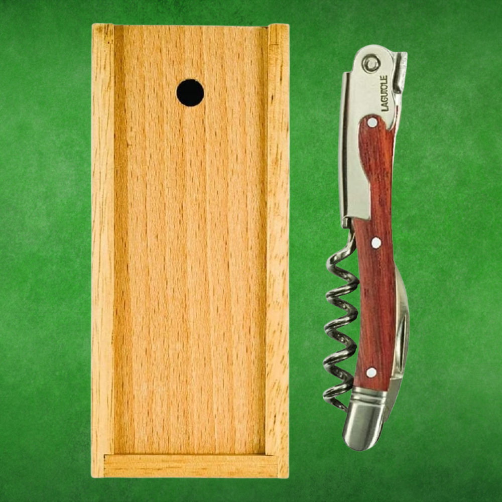 Corkscrew with a woody  grip  and a matching woody  container  displayed connected  a greenish  background