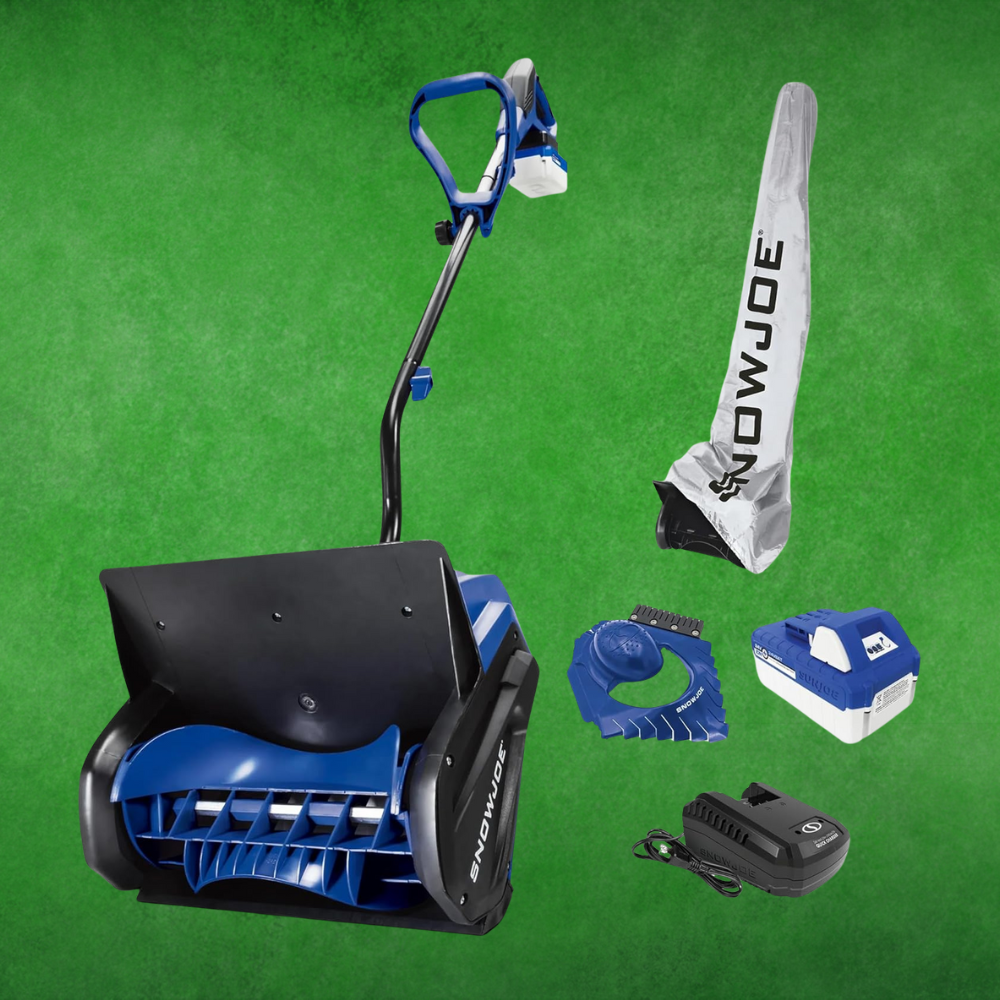 Image of an electrical  snowfall  blower acceptable   with attachments including a battery, charger, chute clean-out tool, and screen  connected  a greenish  background