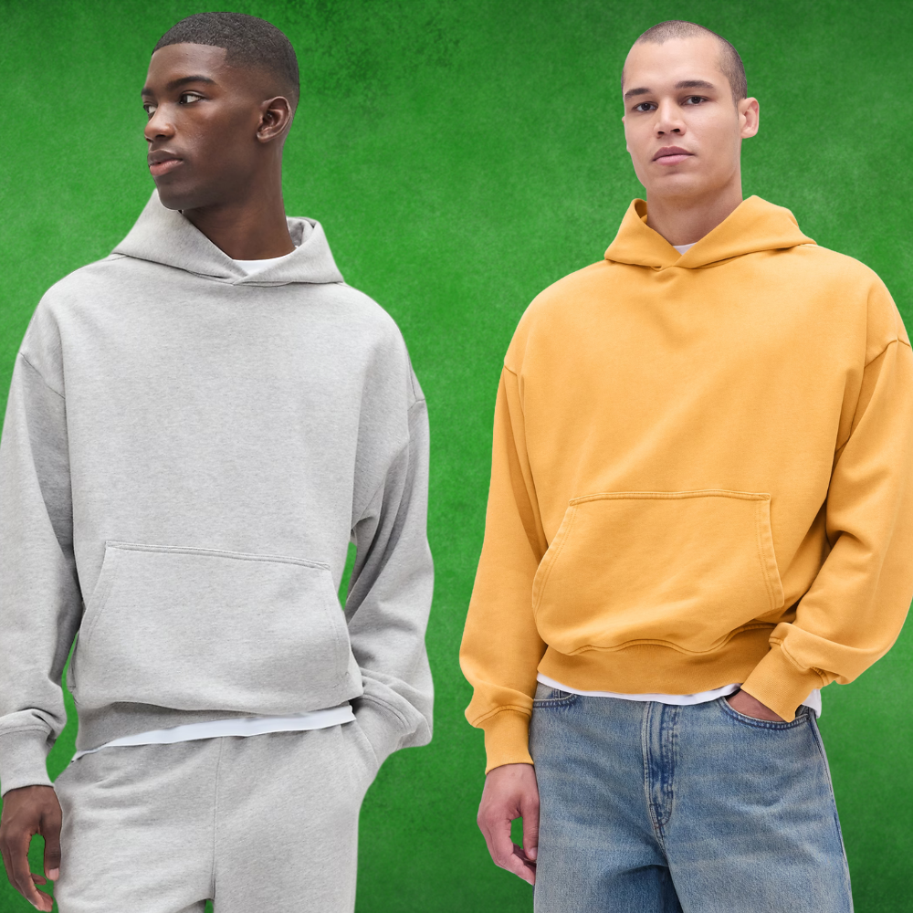 Two individuals wearing casual hoodies. One successful  a grey  tracksuit, the different   successful  a yellowish  hoodie with jeans, lasting  against a greenish  backdrop
