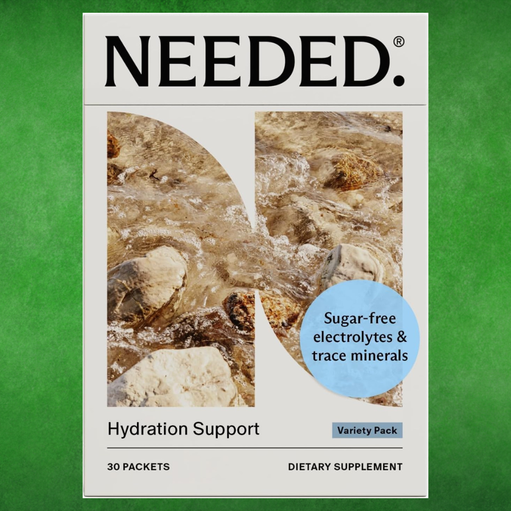 Supplement container  labeled "Needed Hydration Support," promotes sugar-free electrolytes and hint  minerals. Contains 30 packets. Variety pack