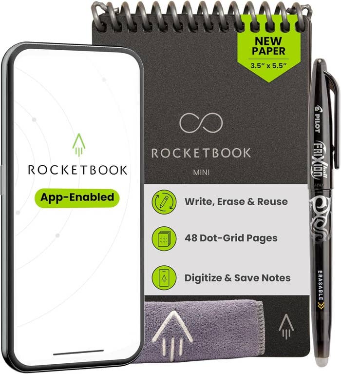 Rocketbook Mini with pen and app-enabled phone, featuring reusable pages and digitizing capabilities for businesslike  note-taking
