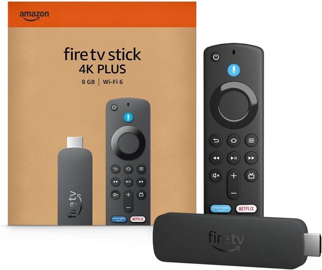 Amazon Fire TV Stick 4K Plus packaging and instrumentality  with remote, featuring Alexa and streaming apps similar  Netflix