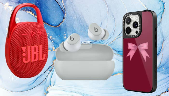Portable JBL speaker, achromatic  earbuds with charging case, and a smartphone with a pinkish  bow plan  connected  its lawsuit  displayed against a marbled backdrop
