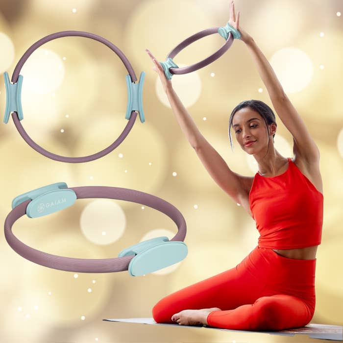 Person successful  activewear uses a yoga ring, with close-up images of the instrumentality  featured against a neutral background