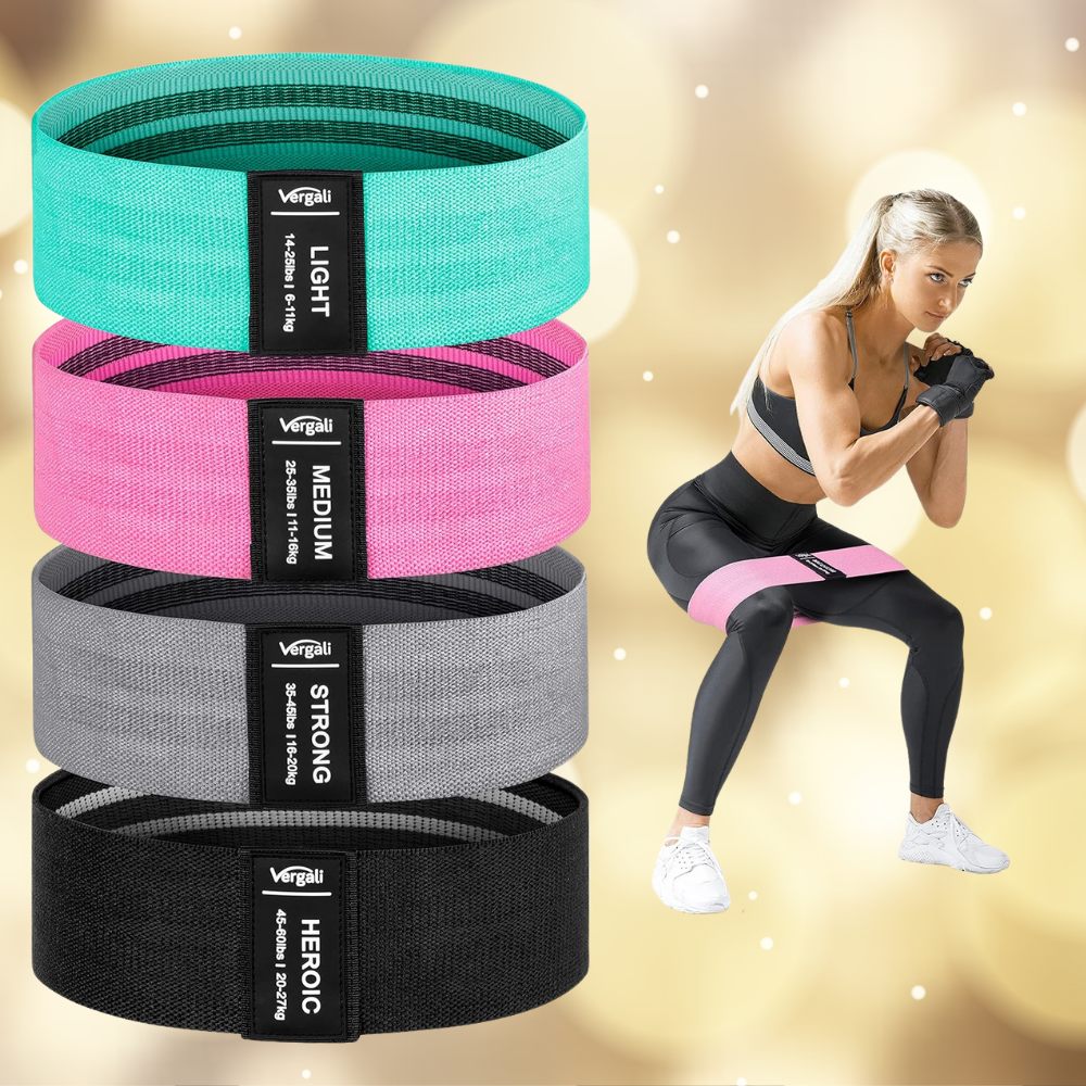 Woman exercising with pinkish  absorption    band. Three other  absorption    bands labeled light, medium, and beardown  displayed vertically