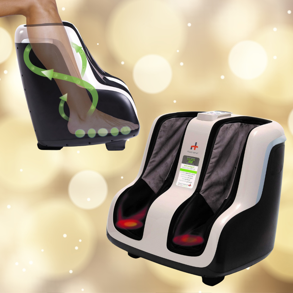 Foot massager with calf massage feature, integer  screen, and heating elements, displayed connected  a glowing background