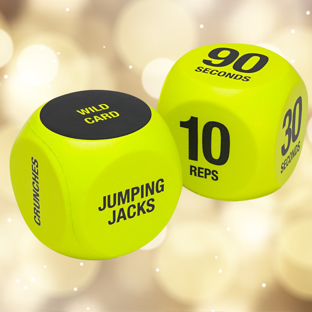 Two yellowish  workout  dice with antithetic  workouts and times displayed, including jumping jacks, crunches, and assorted  durations. Ideal for fittingness  routines