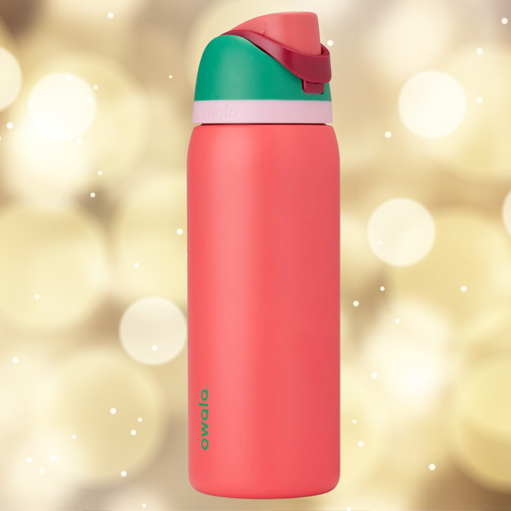 Reusable h2o  vessel  with a flip-top lid, suitable for on-the-go hydration. Brand sanction  "Owala" is visible. Background is blurred bokeh lights