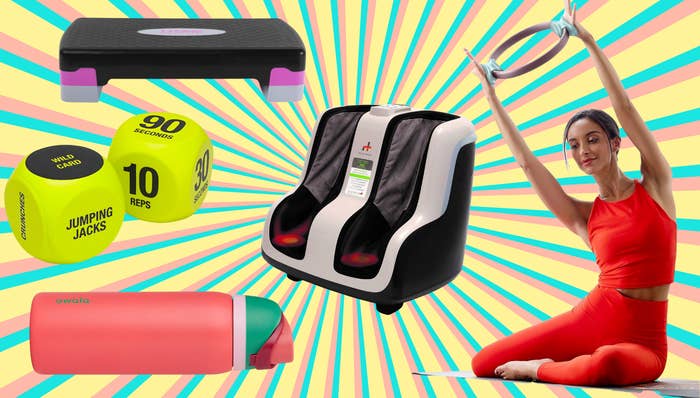 Aerobics stepper, workout  dice set, h2o  bottle, ft  massager, Pilates ring