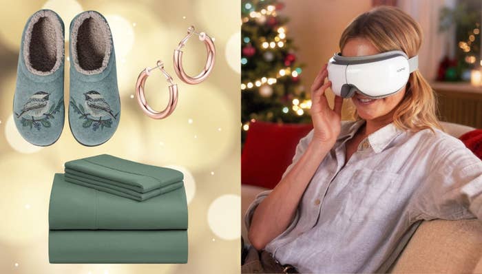 L.L. Bean Daybreak Slippers, LuxClub Sheet Set, Wowshow Gold Hoops and Renpho Eye Massager.