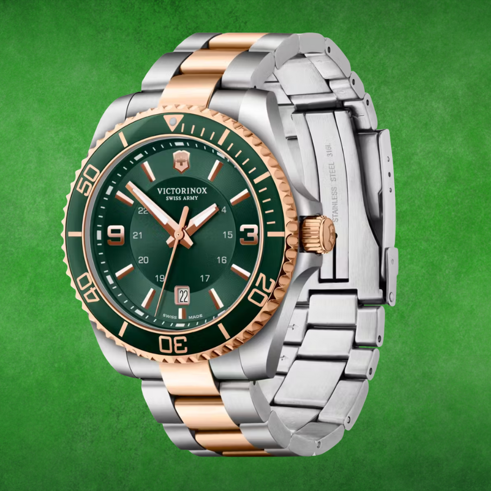 Luxury Victorinox ticker  with metallic  and roseate  gold-tone bracelet, greenish  dial, and day  display, featured for a buying  article