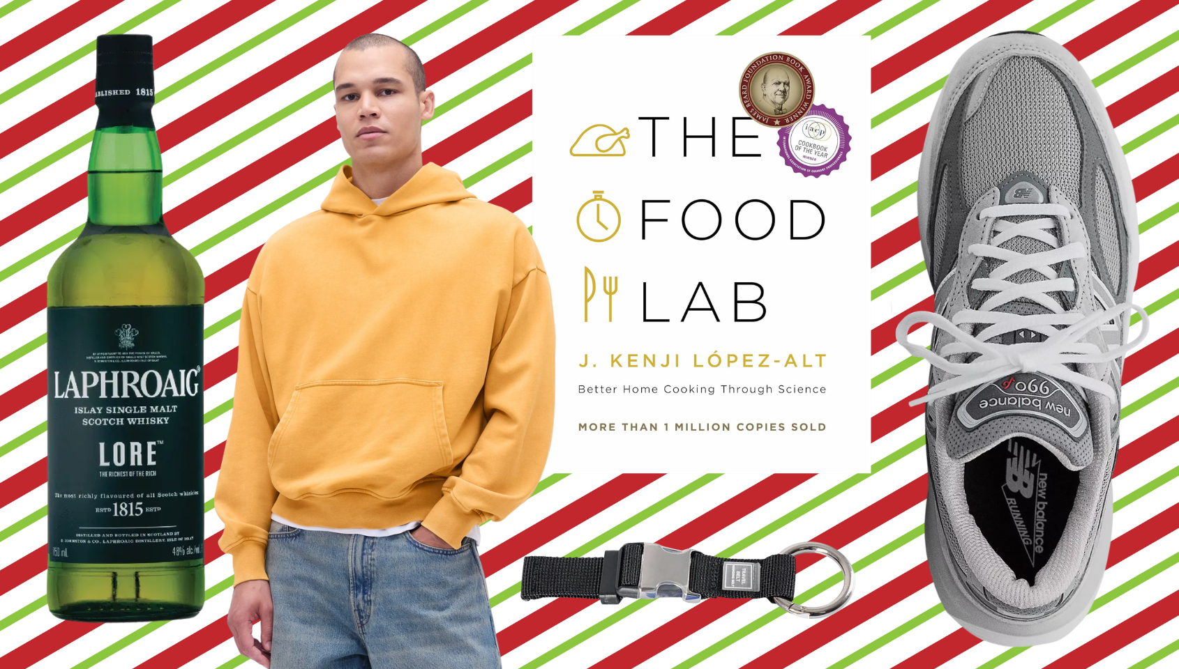  Laphroaig Lore whisky bottle, antheral   successful  casual wear, "The Food Lab" book, New Balance shoe, and a loop  connected  striped background