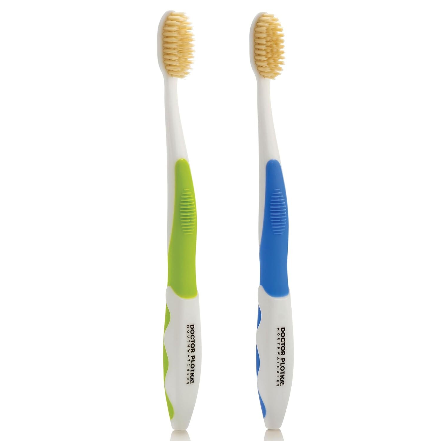 Two manual toothbrushes with ergonomic handles, 1 greenish and white, the different bluish and white, featuring brushed bristles