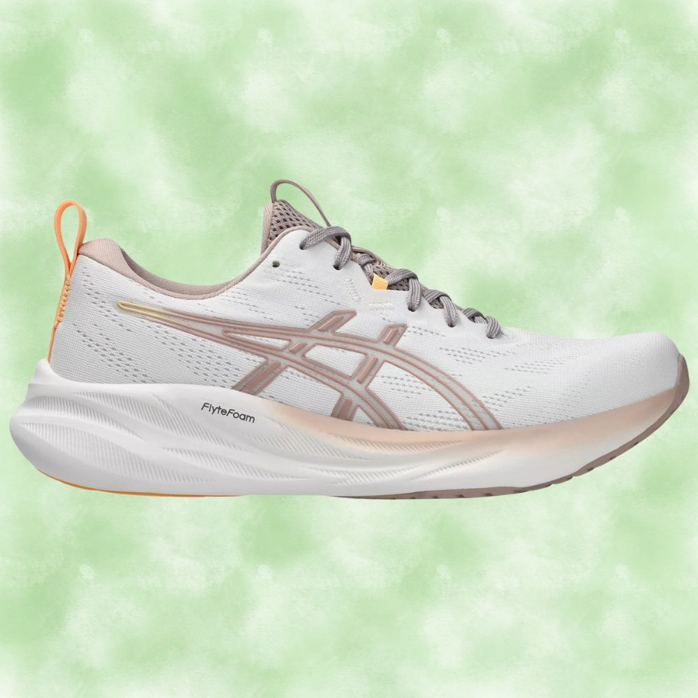 Athletic sneaker with sleek design, breathable fabric, and cushioned sole, displayed connected  a greenish  background. Ideal for running