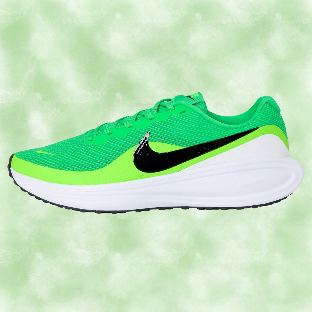 A greenish  diversion  sneaker with a salient  achromatic  swoosh logo and a achromatic  sole, featured connected  a neutral inheritance  for a buying  article