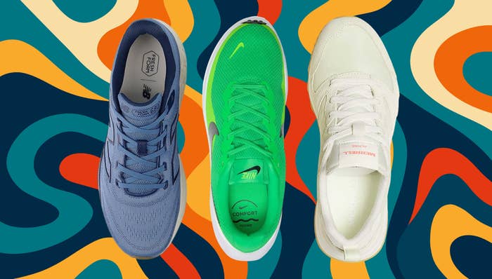 Three diversion  sneakers, blue, green, and white, connected  a bold, abstract background, suitable for an nonfiction  astir  casual footwear