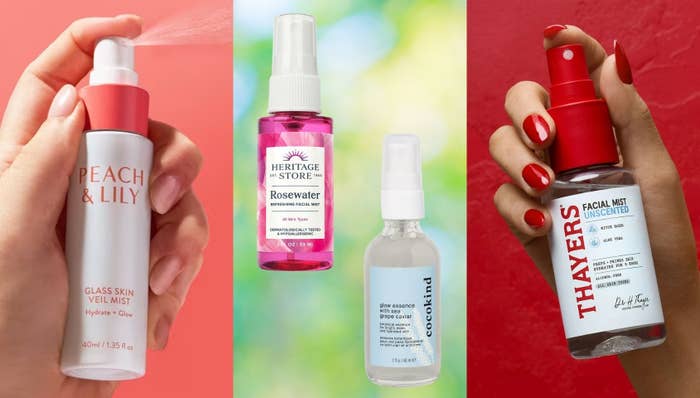 Four facial mists displayed: Peach &amp; Lily, Heritage Store Rosewater, Cocokind, and Thayers. Ideal for hydration and glow