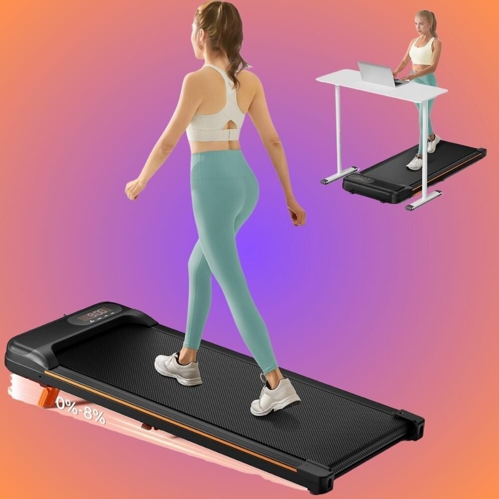 Woman successful  activewear utilizing a walking treadmill, with inset showing treadmill nether  a table  for multitasking portion    walking