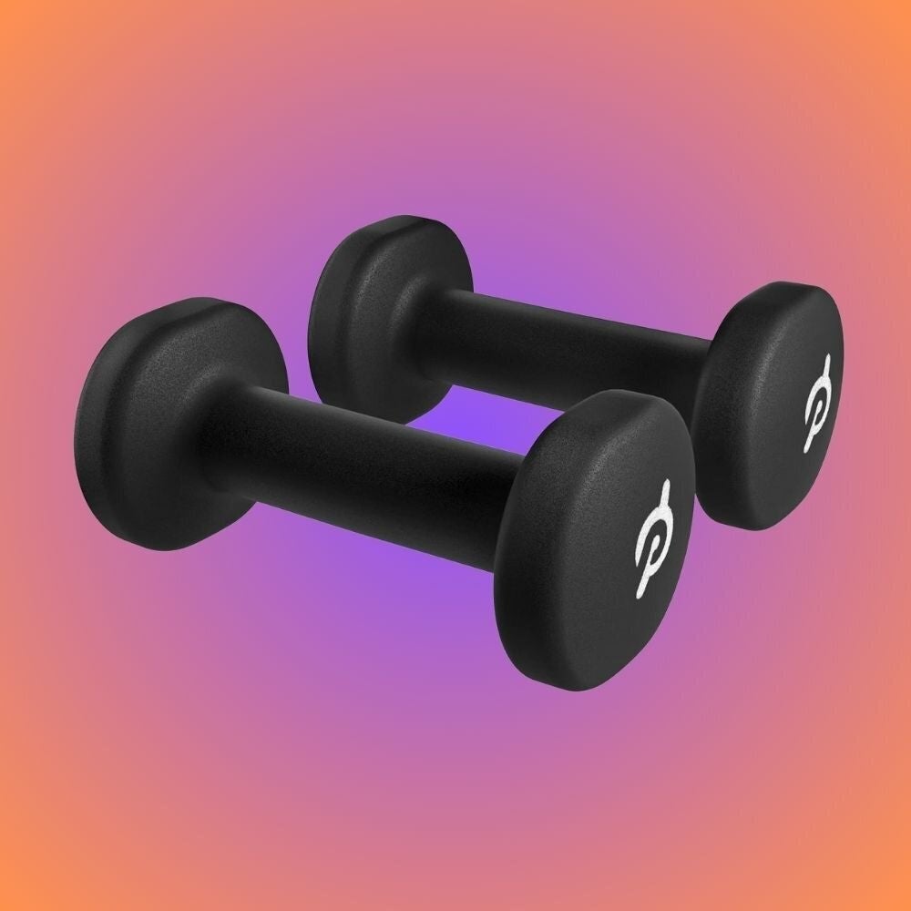 Two achromatic  dumbbells with a marque  logo, against a gradient background. Ideal for at-home workouts. Featured successful  a buying  article