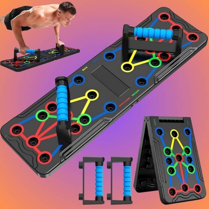 Exercise committee  with slots for push-up handles successful  assorted  positions to people     antithetic  musculus  groups. Includes a antheral   demonstrating use