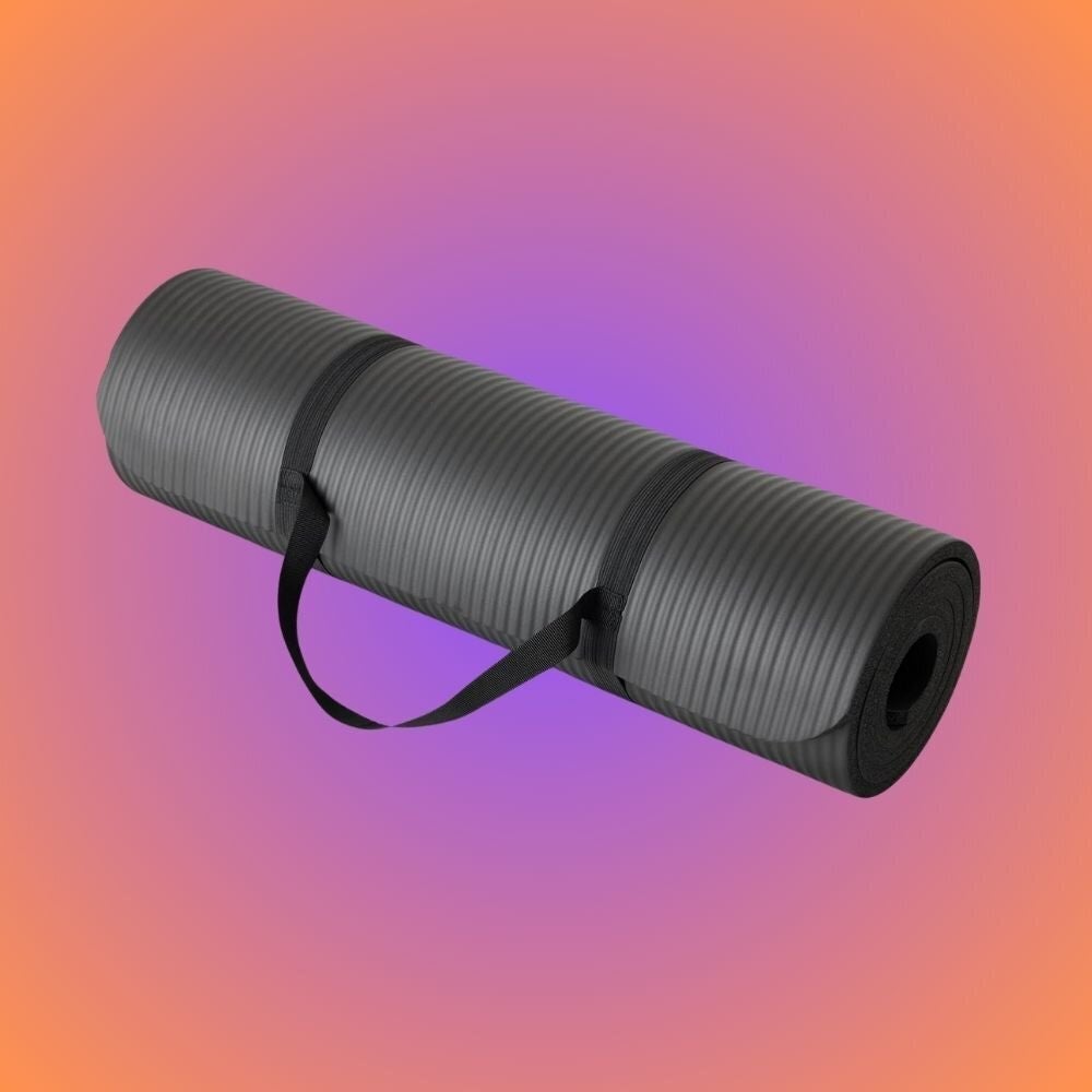 Rolled-up yoga mat with carrying strap connected  a gradient background, suitable for fittingness  and workout  routines