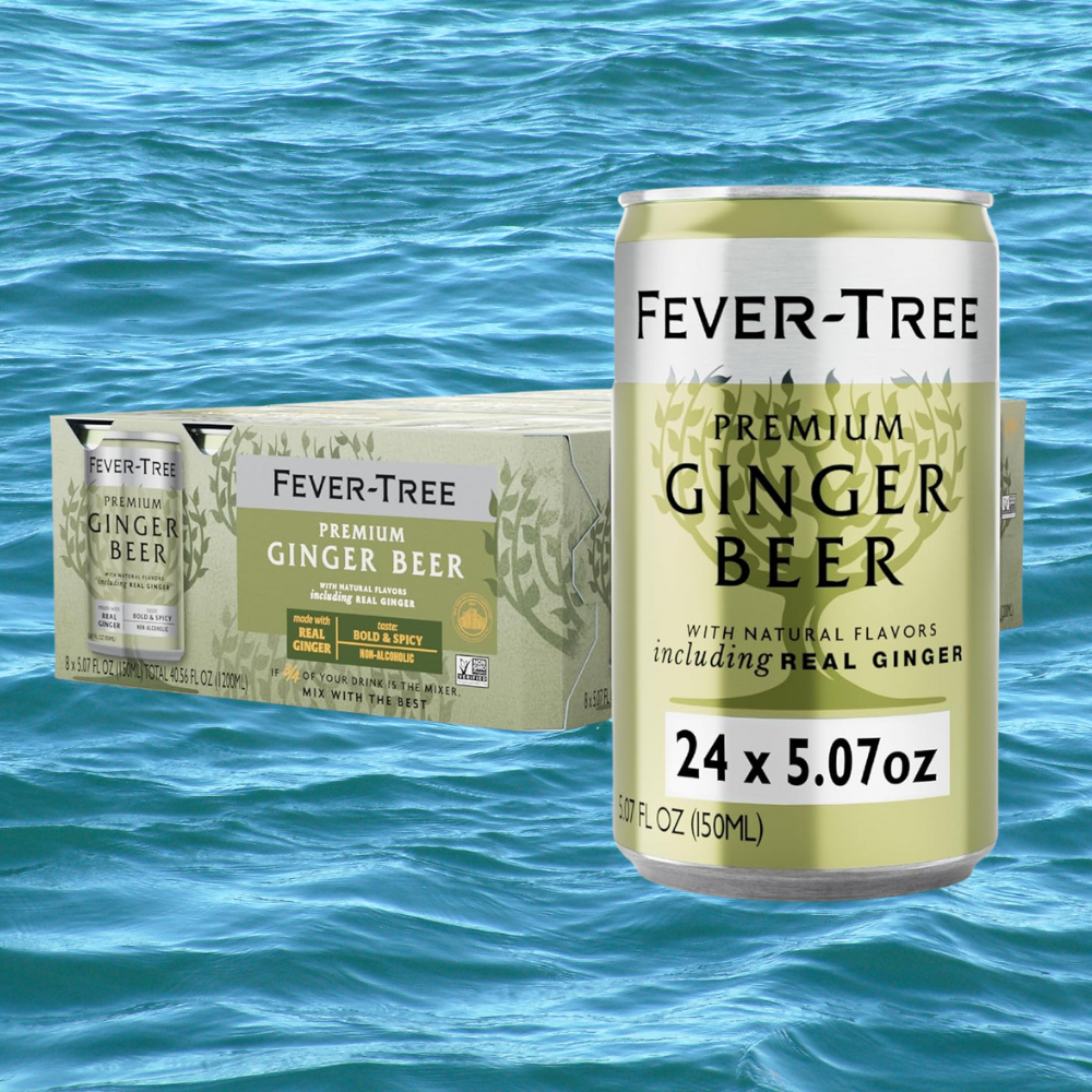 Pack and tin of Fever-Tree ginger brew floating implicit wavy h2o background
