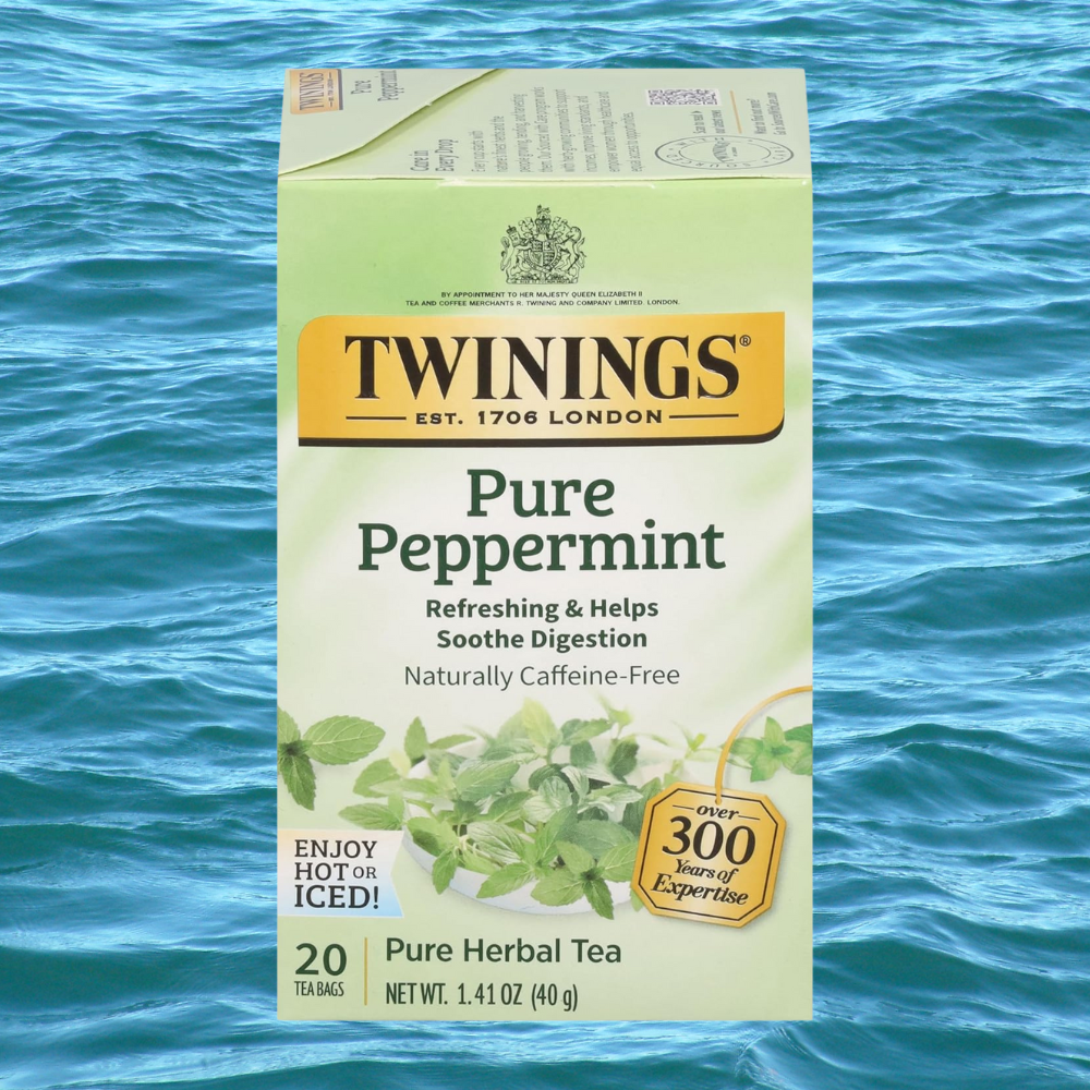 Box of Twinings Pure Peppermint beverage with 20 teabags against a h2o background. Promotes soothing digestion, people caffeine-free