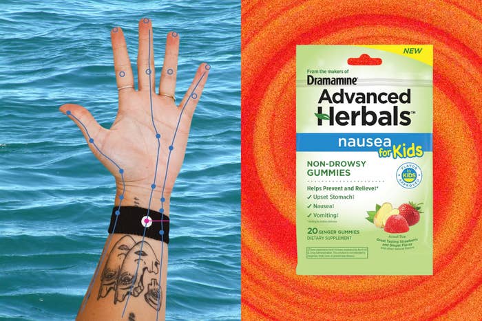 Hand with acupuncture points labeled adjacent  to a container  of Advanced Herbals Nausea for Kids gummies